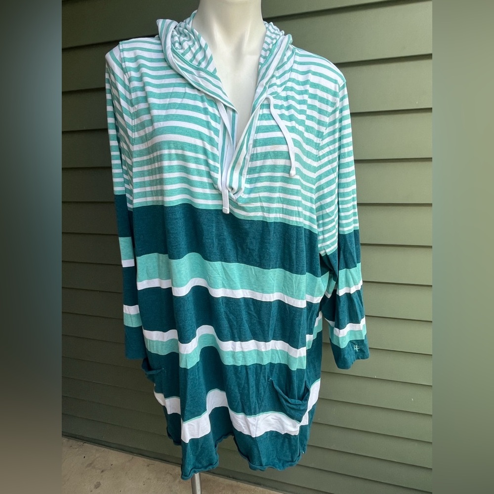 Coolibar Cotton Blend Sun Protective Teal and White Striped Hooded Pullover
